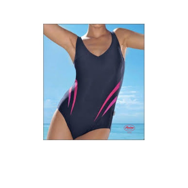 imagen de bañador deportivo con aros copa E color gris con franjas lateral fucsia