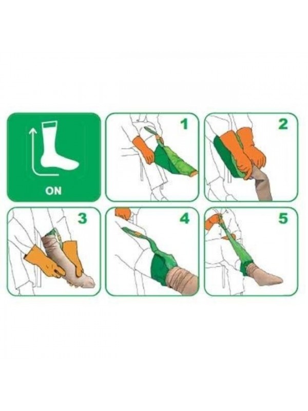 Producto Calzador de medias de compresión médica con puntera cerrada.